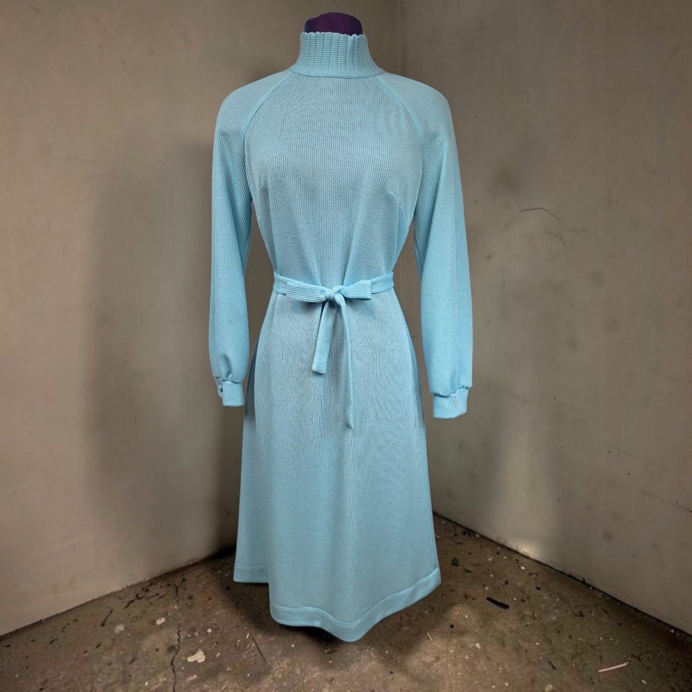 70s Jerrie Lurie Blue Ribbed Knit Mock Neck Midi Dress Long Sleeve Vintage